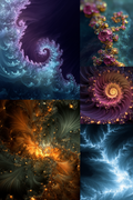 A six-panel collage of abstract fractal artwork, featuring swirling spiral patterns in blue, purple, gold, and teal tones.