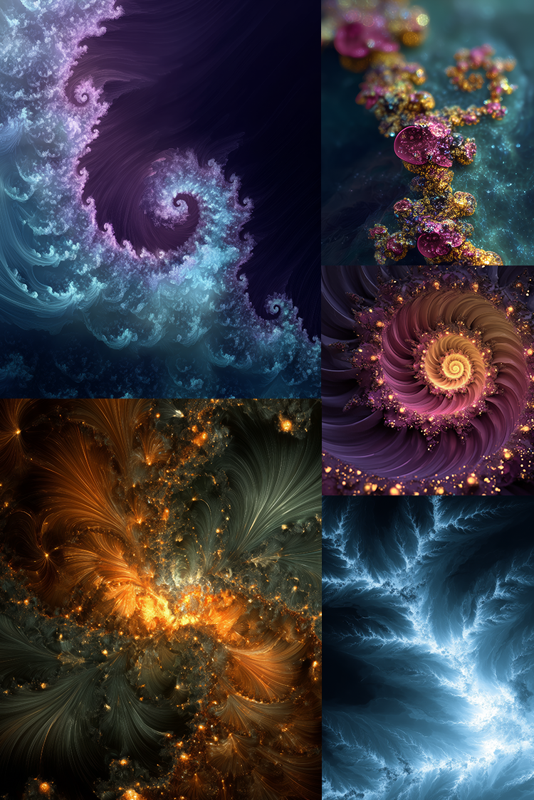 A six-panel collage of abstract fractal artwork, featuring swirling spiral patterns in blue, purple, gold, and teal tones.
