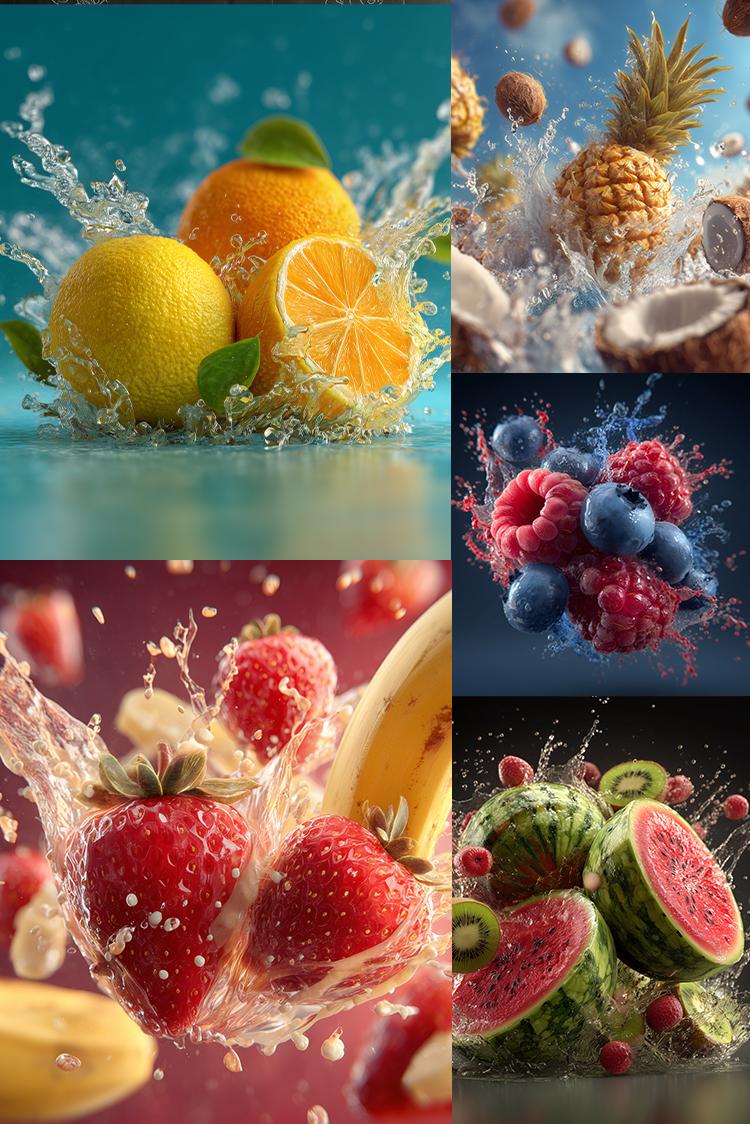 A six-panel collage of fresh fruits splashing in water: lemons and oranges on turquoise, a pineapple with nuts on dark blue, raspberries and blueberries on deep blue, strawberries and banana on pink, watermelon halves with kiwi and berries on black, and banana pieces on a bright yellow background.