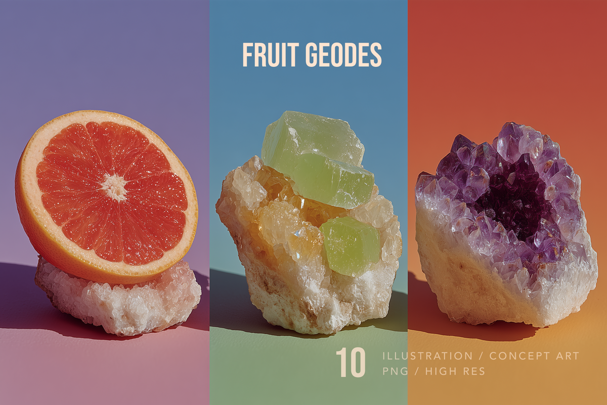 A triptych-style promotional graphic titled 'FRUIT GEODES' showing three stylized fruit-and-crystal geode illustrations: a sliced pink grapefruit on a rock, a pale green crystal cluster on a beige rock, and a purple crystal geode on an orange rock. Text at the bottom reads '10 ILLUSTRATION / CONCEPT ART PNG / HIGH RES'.