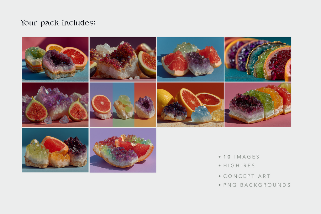A promotional graphic for a digital pack showing a grid of colorful fruit and crystal/geode art images, with text reading 'Your pack includes:' and bullet points noting 10 images, high-res, concept art, and PNG backgrounds.