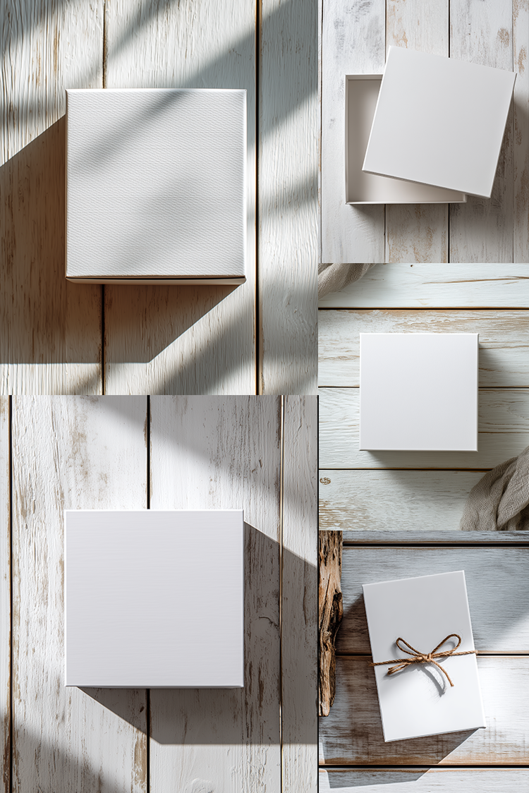 White boxes of various sizes on a wooden surface