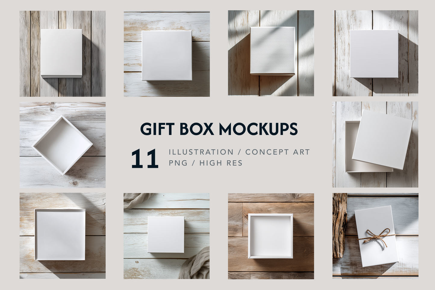 Gift box mockups on a wooden surface with text indicating product details.