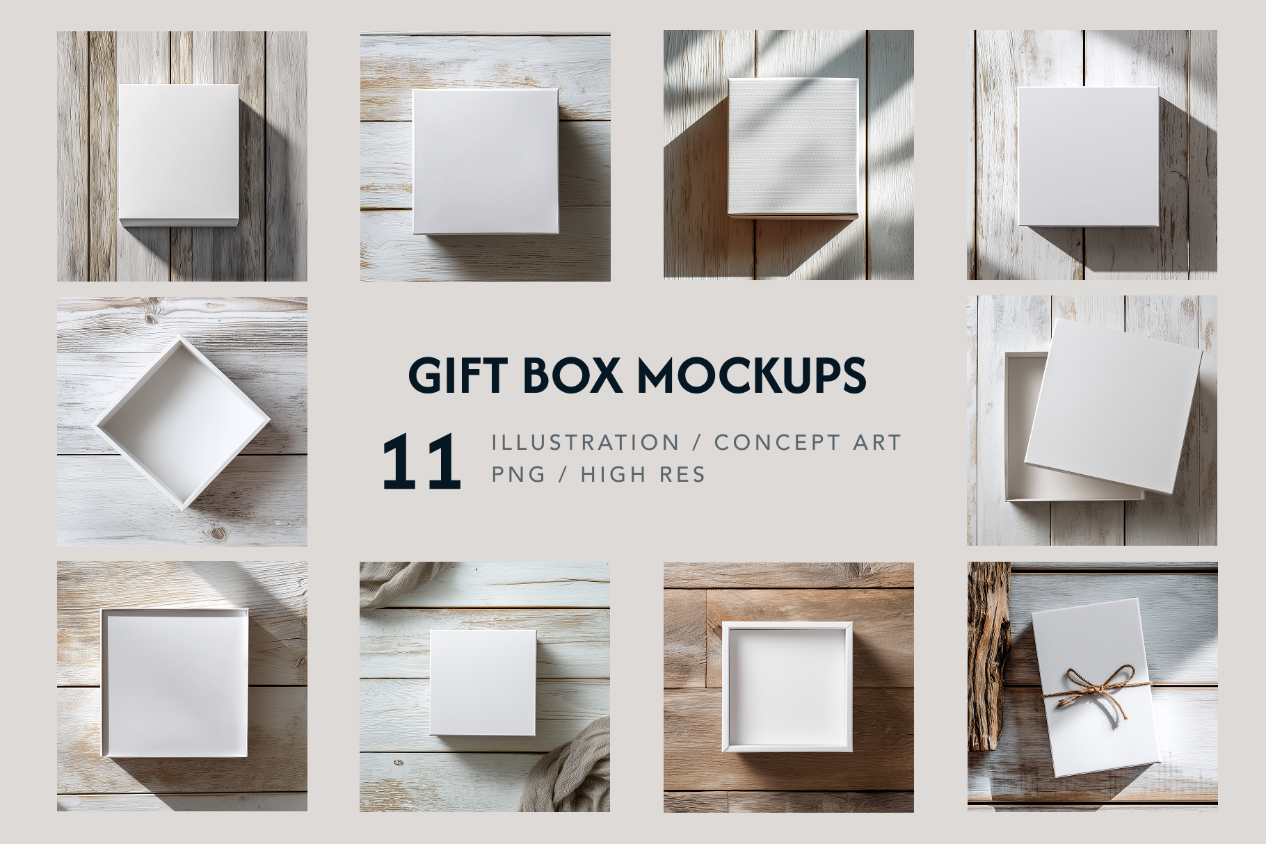 Gift box mockups on a wooden surface with text indicating product details.