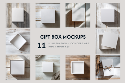 Gift box mockups on a wooden surface with text indicating product details.