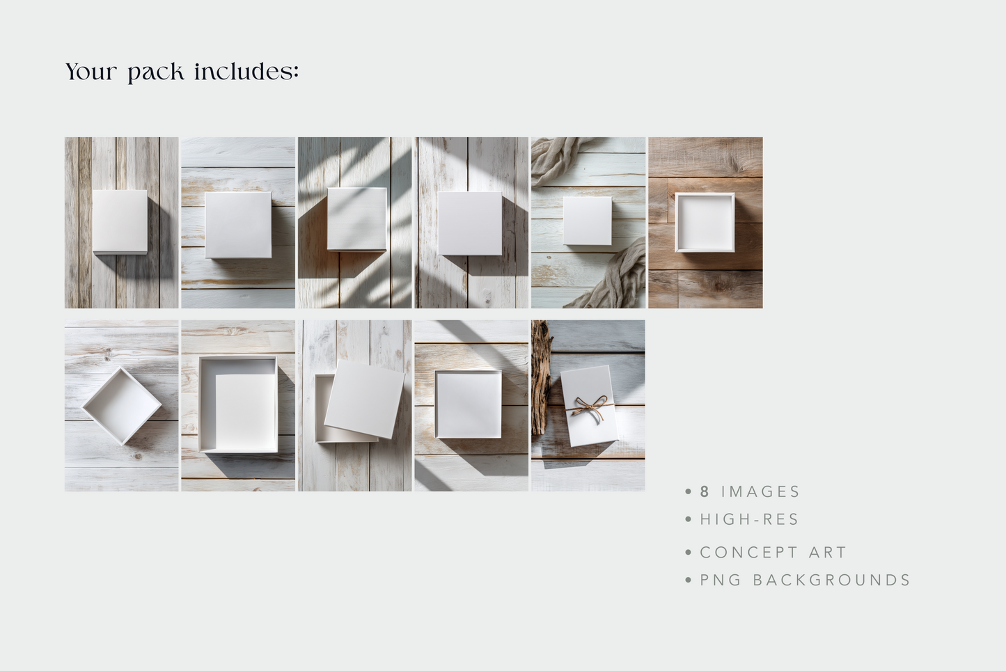 Collage of square frames on a wooden surface with text indicating image pack details.