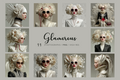 A collage of 11 fashion portrait photographs featuring models in ornate white and black historical-style outfits with large floral headpieces, sunglasses, and dramatic styling. The center text reads 'Glamorous' with '11 PHOTOGRAPHS / PNG / HIGH RES' below, on a light gray background.