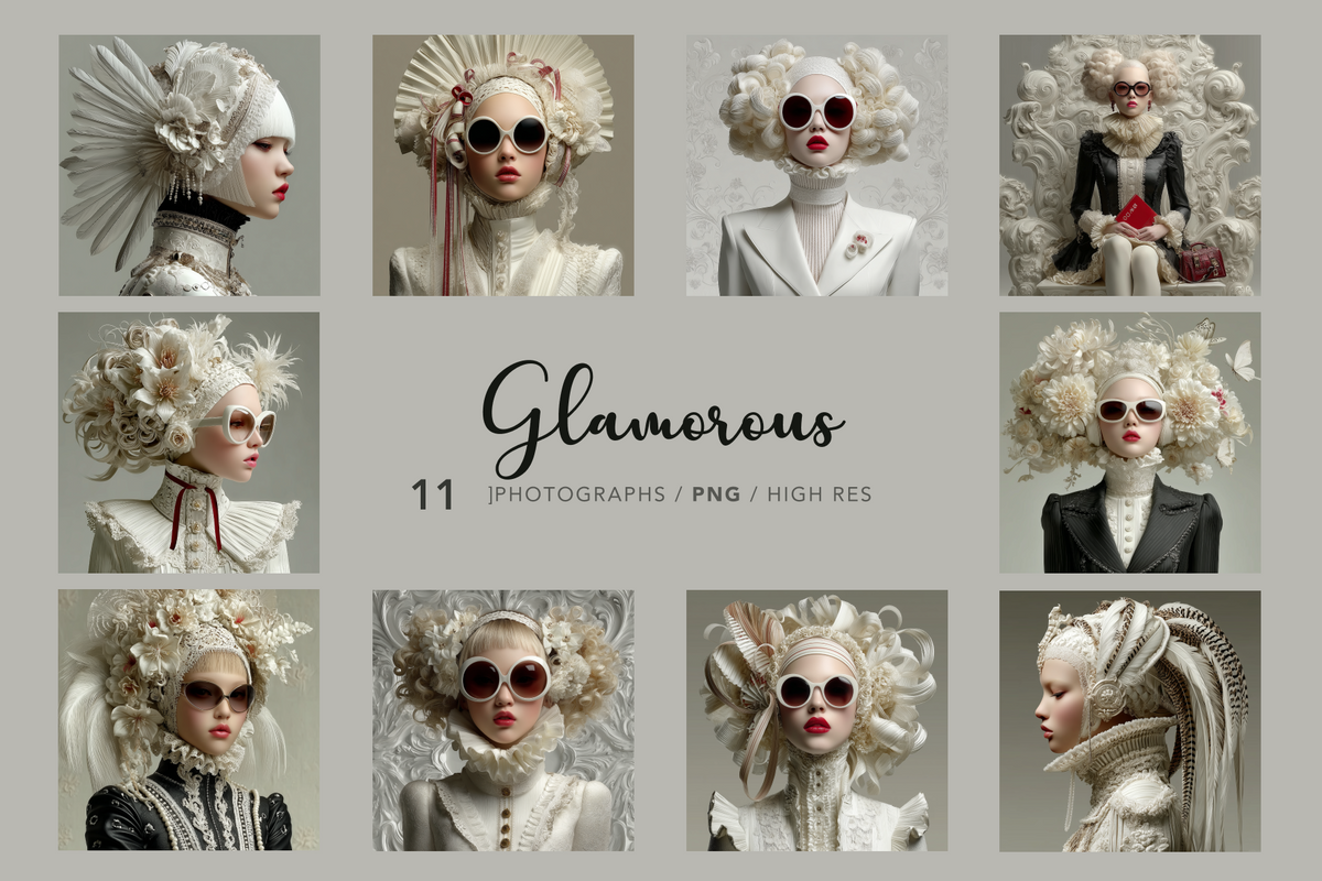 A collage of 11 fashion portrait photographs featuring models in ornate white and black historical-style outfits with large floral headpieces, sunglasses, and dramatic styling. The center text reads 'Glamorous' with '11 PHOTOGRAPHS / PNG / HIGH RES' below, on a light gray background.