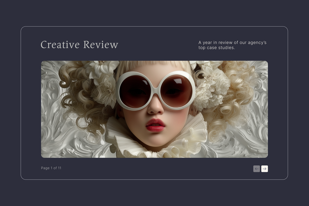 A digital preview of a presentation slide or document page titled 'Creative Review' with a central fashion photograph of a woman wearing oversized round sunglasses, white flowers, and a ruffled collar, set against a dark navy background.