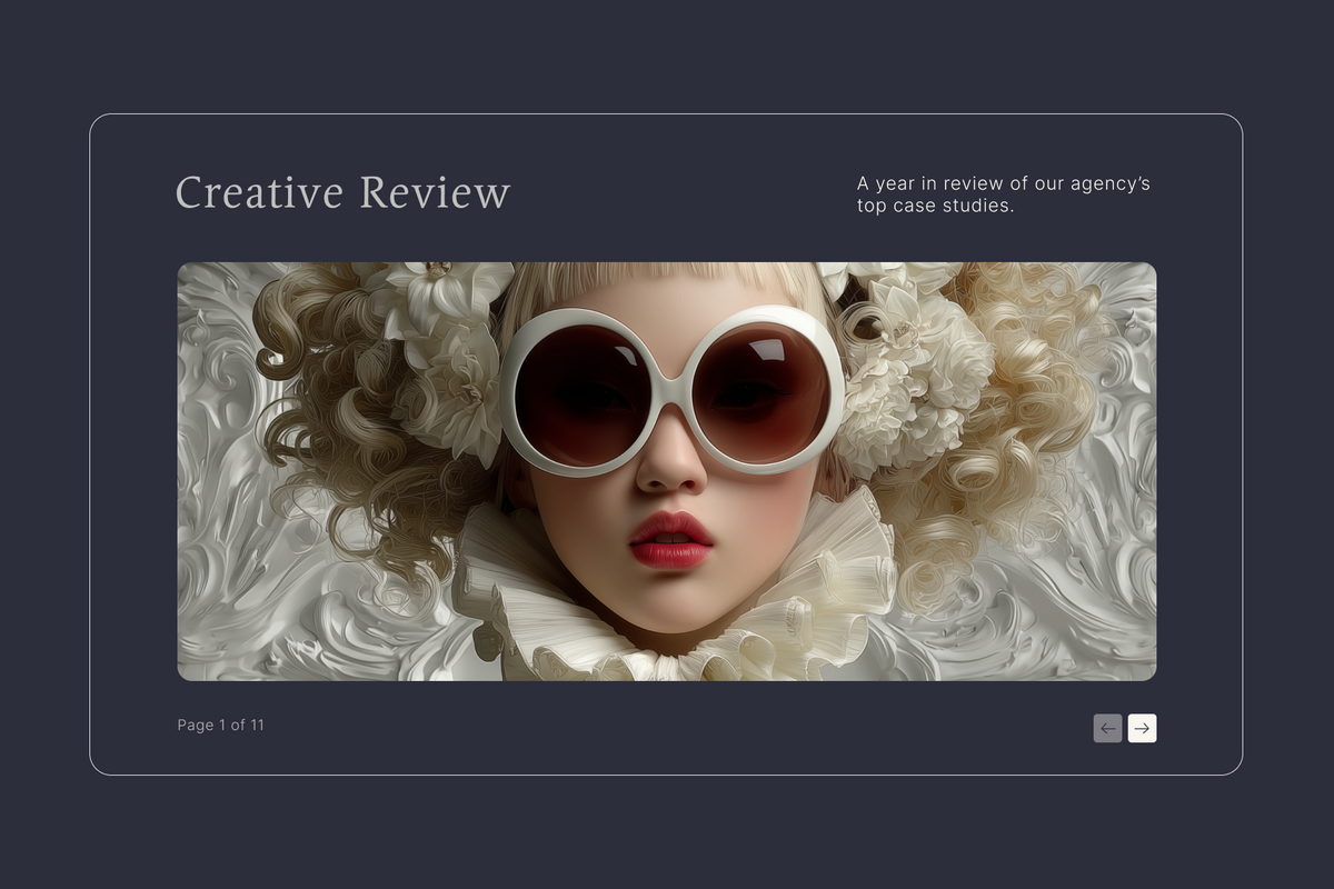 A digital preview of a presentation slide or document page titled 'Creative Review' with a central fashion photograph of a woman wearing oversized round sunglasses, white flowers, and a ruffled collar, set against a dark navy background.