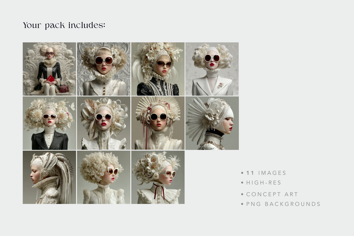 A promotional graphic for a digital art pack showing a 3x4 grid of 11 fashion concept portraits of dolls or stylized figures with elaborate white and black vintage clothing, large feathered or textured hairpieces, and sunglasses. Text on the left reads 'Your pack includes:' and text on the right lists '11 IMAGES', 'HIGH-RES', 'CONCEPT ART', and 'PNG BACKGROUNDS'.
