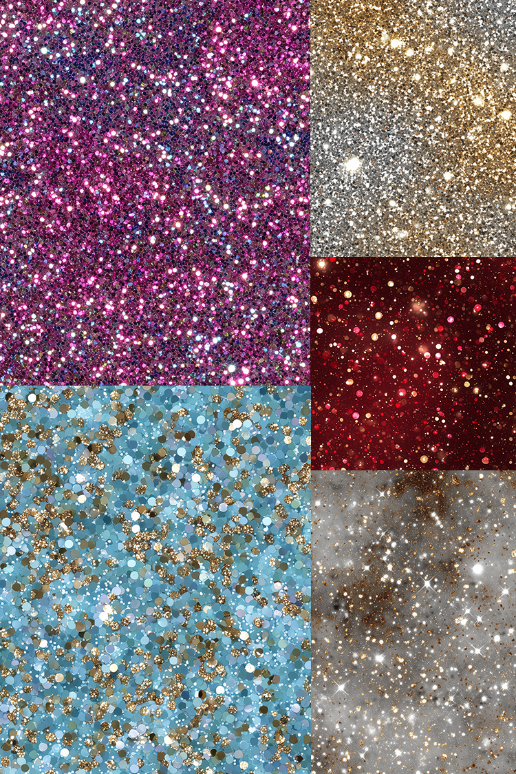 Six square panels showing different glitter textures and colors: magenta, champagne gold, deep red, light blue with gold, silver, and brown glitter.