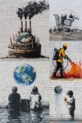 Collage of environmental-themed street art on a brick wall.