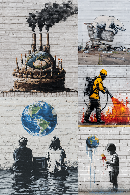 Collage of environmental-themed street art on a brick wall.