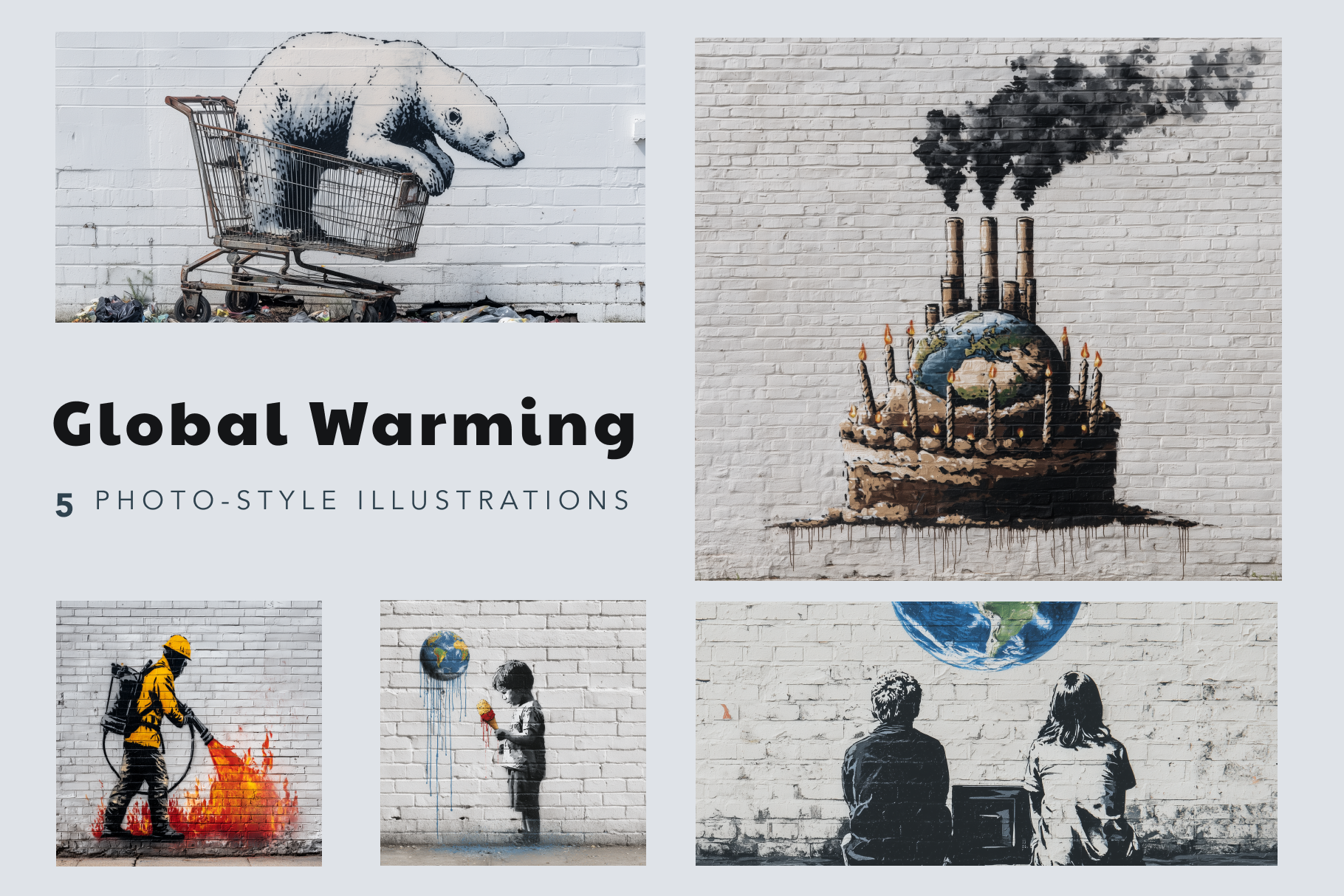 Collage of illustrations related to global warming with a bear in a shopping cart, Earth on a factory chimney, and people with a globe.