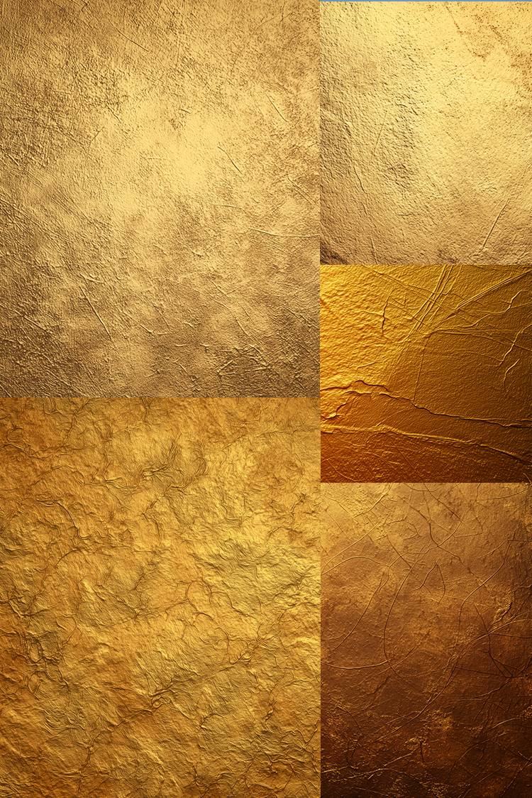 A collage of five textured gold and bronze paper-like panels with crumpled, metallic, and brushed surface finishes.
