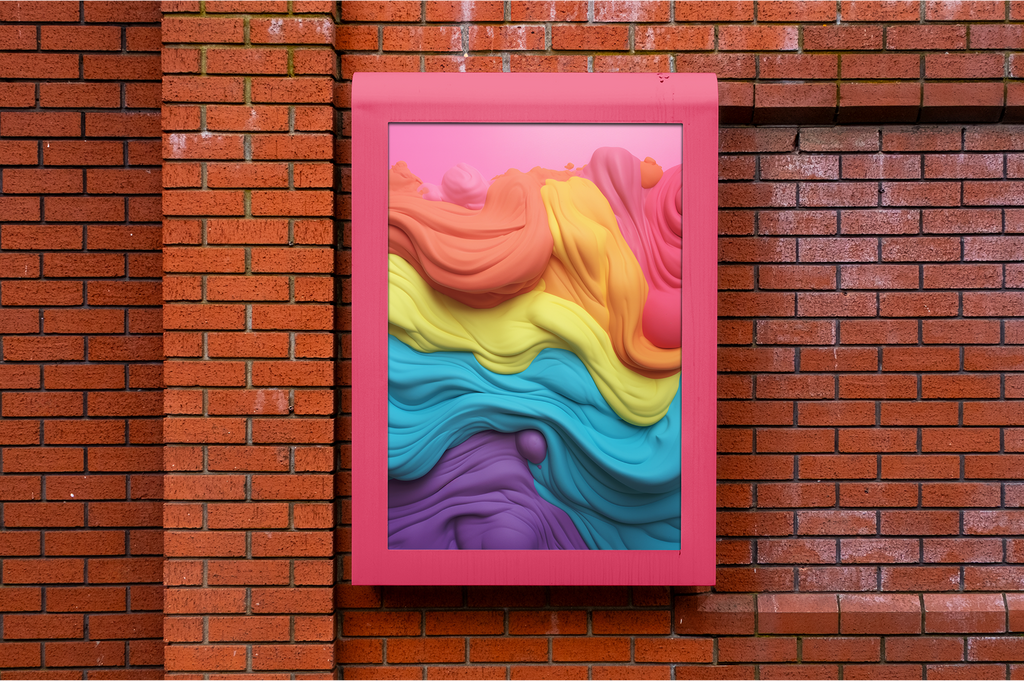 Colorful abstract art in a pink frame on a brick wall