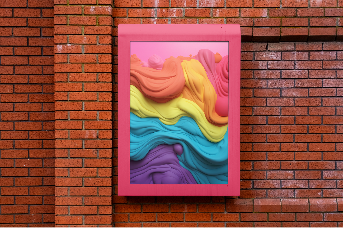 Colorful abstract art in a pink frame on a brick wall
