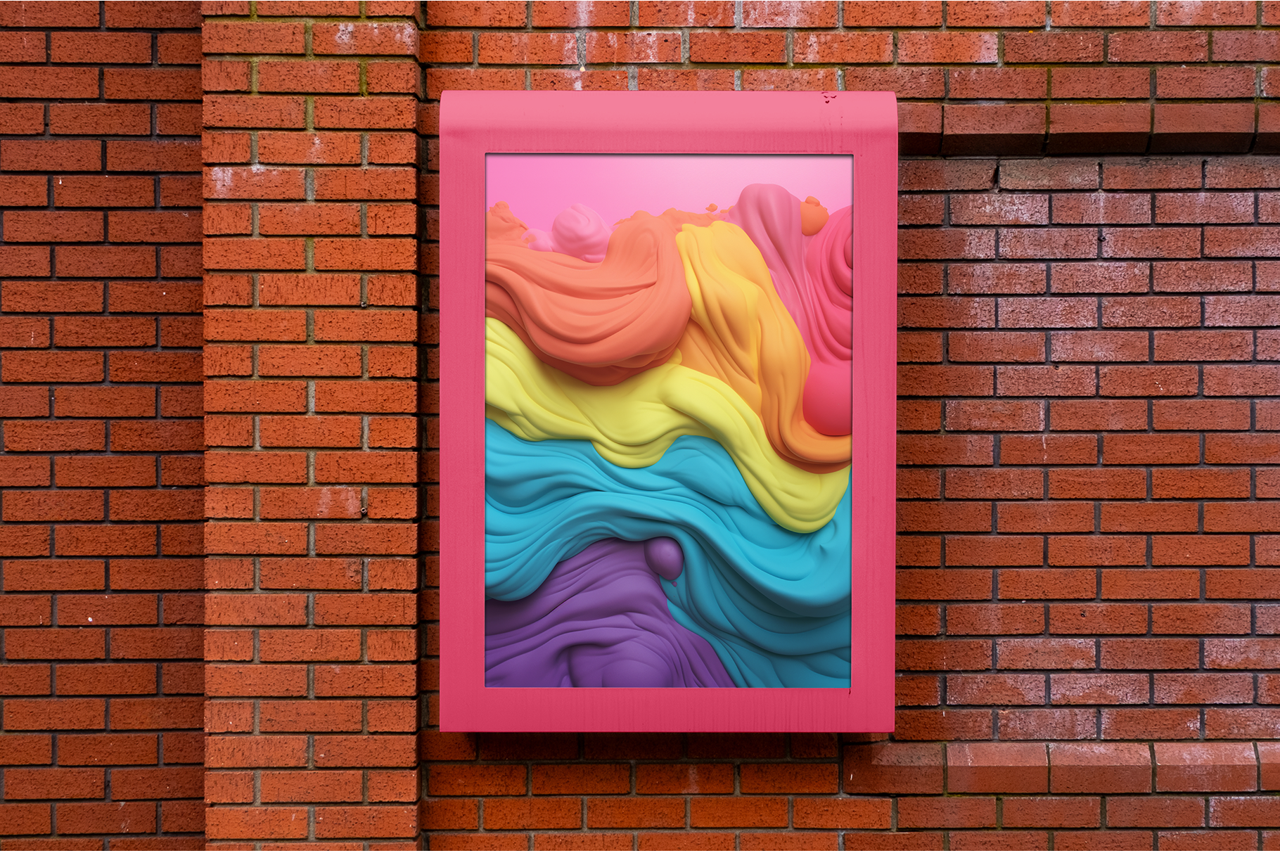 Colorful abstract art in a pink frame on a brick wall