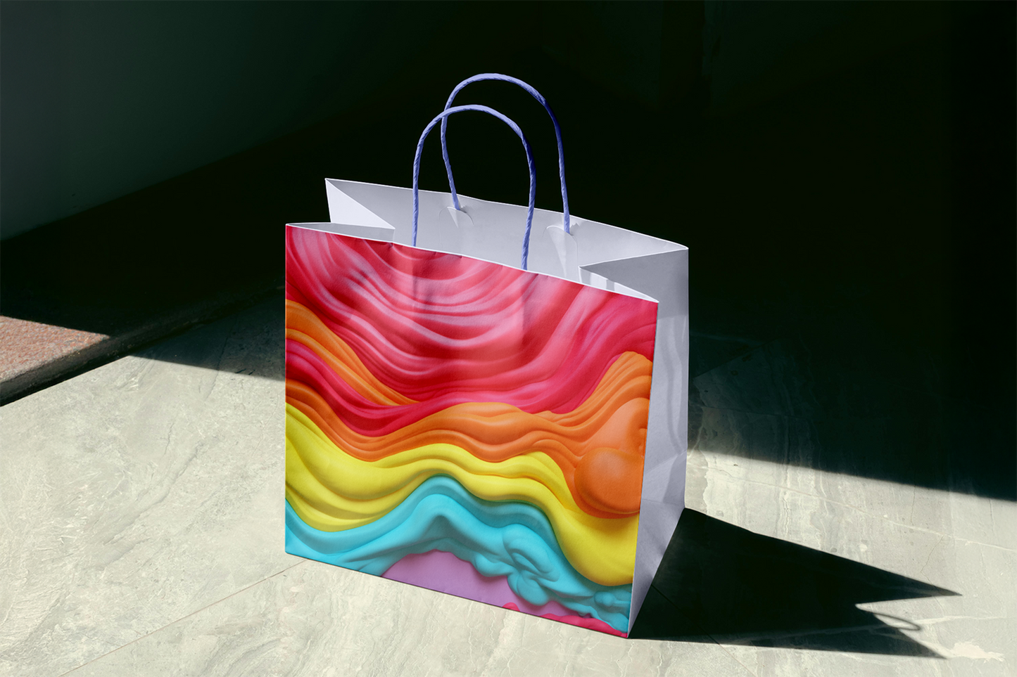 Colorful shopping bag with a wavy pattern on a dark background