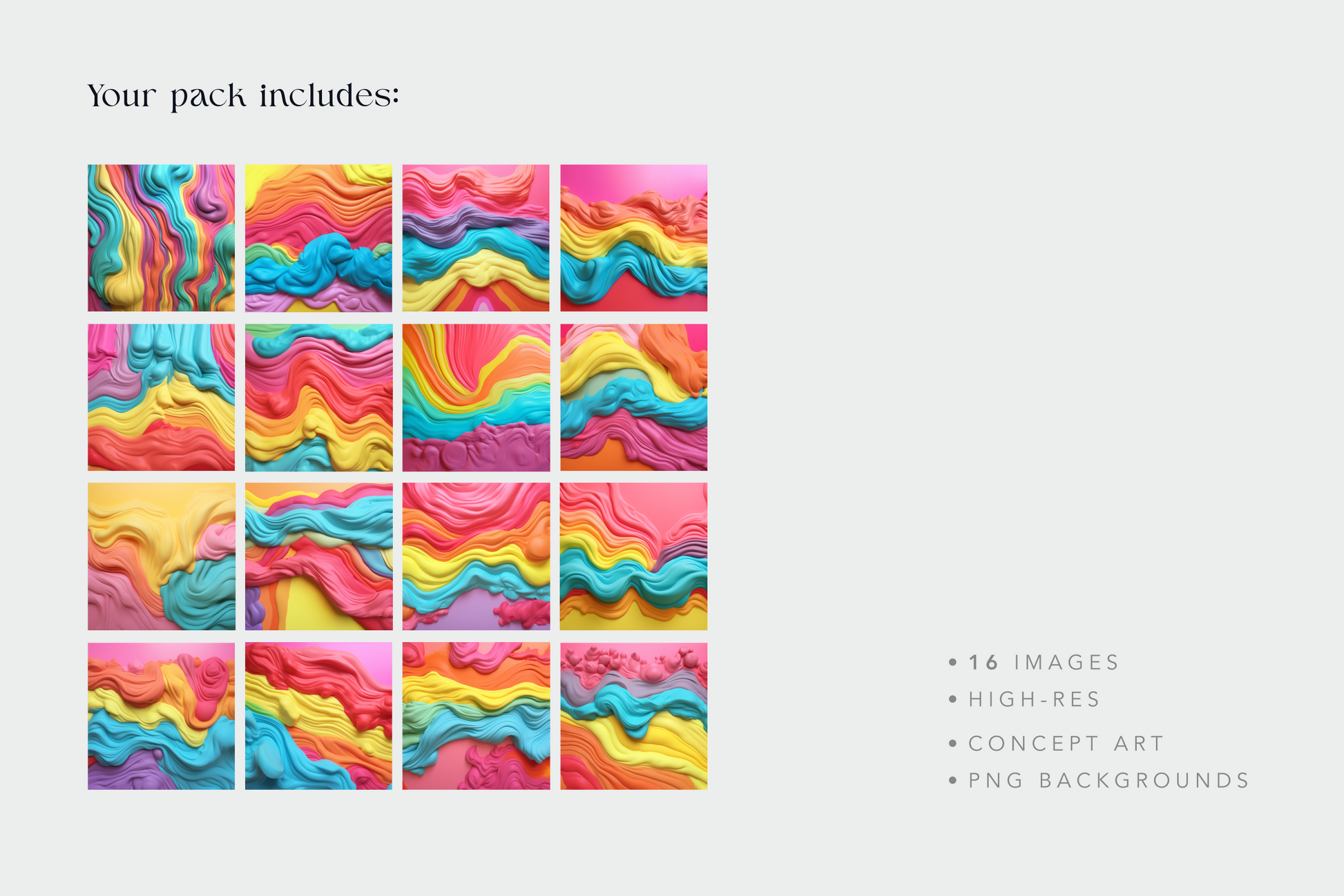 Grid of colorful wavy patterns on a light gray background with text about included items.