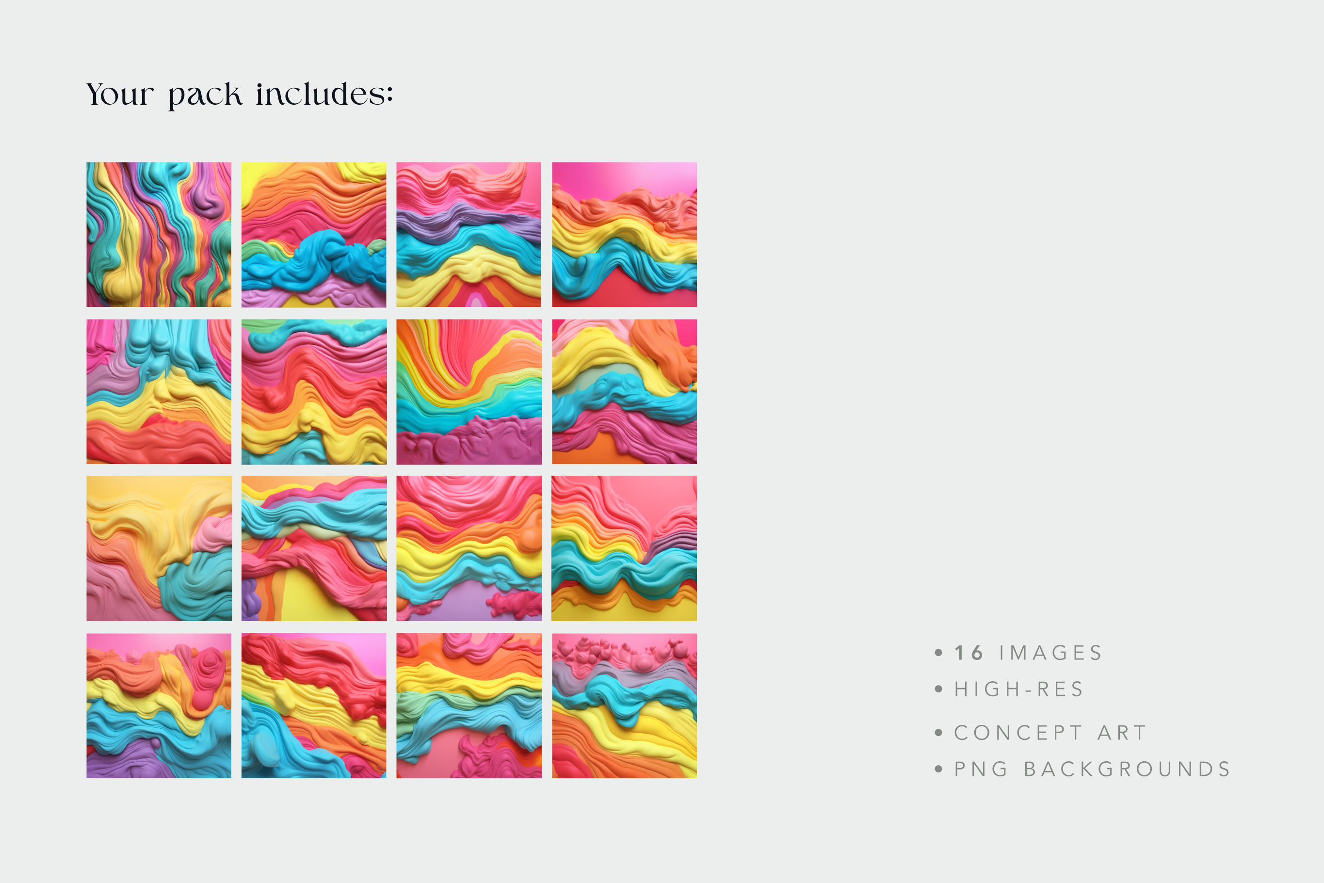 Grid of colorful wavy patterns on a light gray background with text about included items.