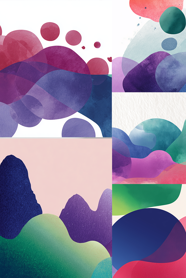 A collage of six abstract watercolor panels featuring organic shapes, circles, and mountain-like forms in shades of purple, pink, teal, green, blue, and red on white and pastel backgrounds.