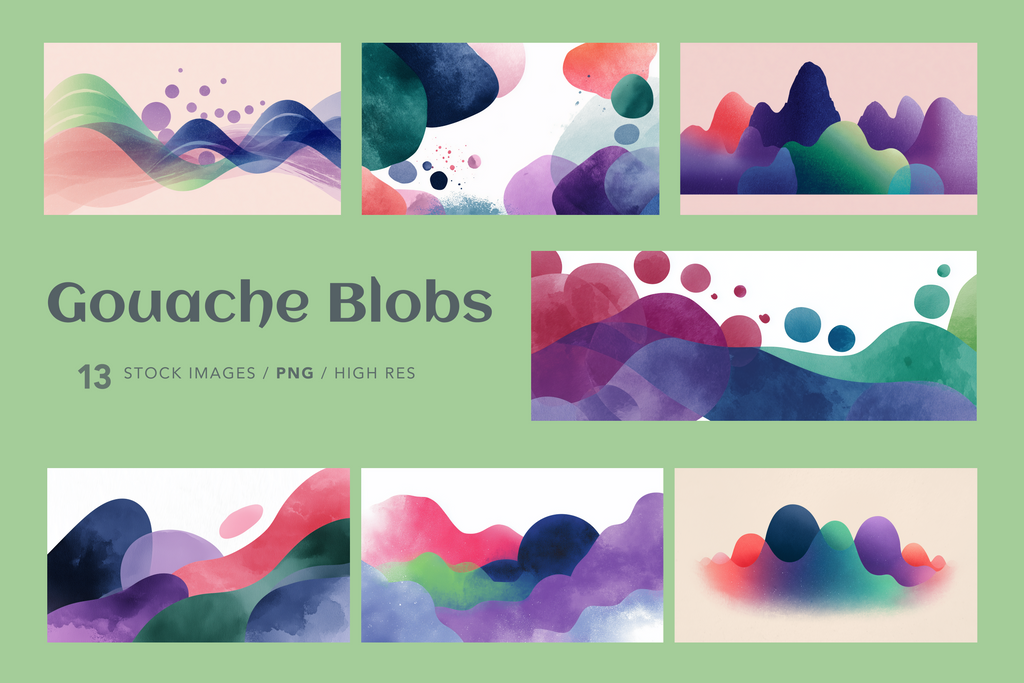 A digital preview sheet for a set of abstract gouache watercolor graphics. The image features six rectangular panels showcasing colorful abstract watercolor blobs and waves in shades of purple, blue, green, pink, and red on a light green background.