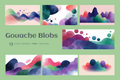 A digital preview sheet for a set of abstract gouache watercolor graphics. The image features six rectangular panels showcasing colorful abstract watercolor blobs and waves in shades of purple, blue, green, pink, and red on a light green background.