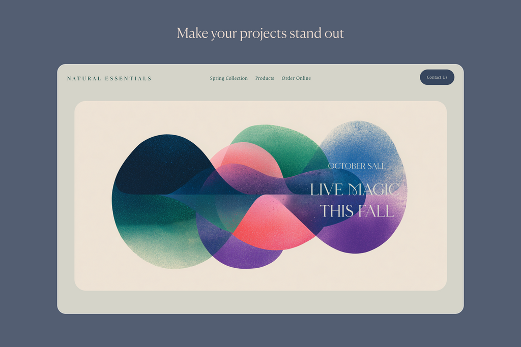 A digital mockup of a website landing page for 'Natural Essentials' on a slate blue-gray background. The page features a large central banner with overlapping abstract watercolor shapes in teal, pink, purple, and green on a cream background, with the text 'OCTOBER SALE LIVE MAGIC THIS FALL'.