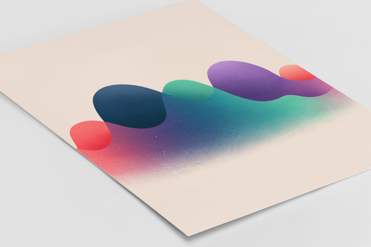 An abstract art print featuring organic, fluid shapes in purple, teal, navy, and coral pink on a warm beige background, shown at an angle on a light gray surface.