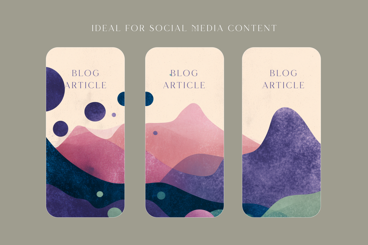 Three vertical abstract blog post card designs displayed side by side on a muted taupe background, with the text 'IDEAL FOR SOCIAL MEDIA CONTENT' above them. Each card has rounded corners, a cream top section with 'BLOG ARTICLE' text, and a lower abstract landscape-style design in purple, pink, blue, and green tones.