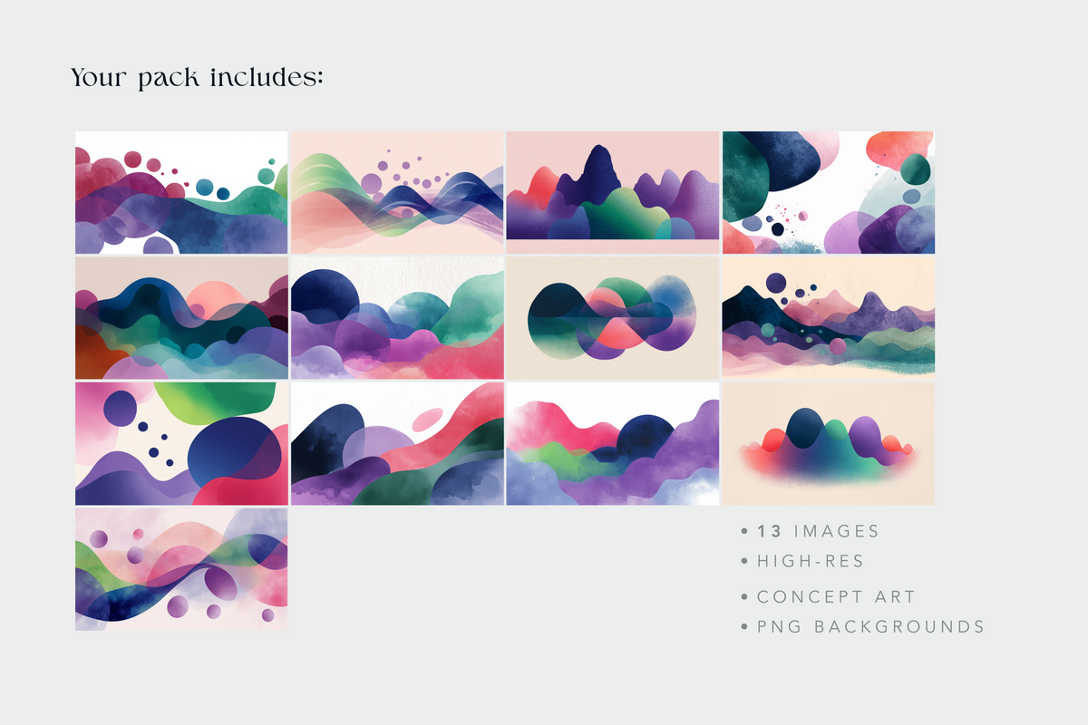 A promotional graphic for an abstract watercolor background pack, showing a grid of 13 colorful abstract panels with flowing shapes and watercolor effects. Text reads 'Your pack includes:' and '13 IMAGES • HIGH-RES • CONCEPT ART • PNG BACKGROUNDS' on a light gray background.