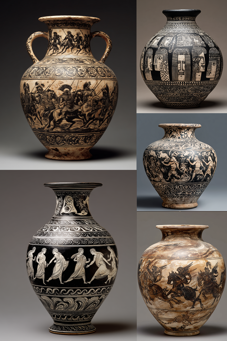 A six-panel collage showing different classical Greek-style ceramic vases and amphorae with black-figure-style painted scenes on warm beige and dark charcoal backgrounds.