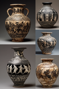A six-panel collage showing different classical Greek-style ceramic vases and amphorae with black-figure-style painted scenes on warm beige and dark charcoal backgrounds.