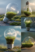 A five-panel collage showing clear light bulbs filled with green grass and moss, photographed in outdoor natural settings with soft blue and warm golden lighting.