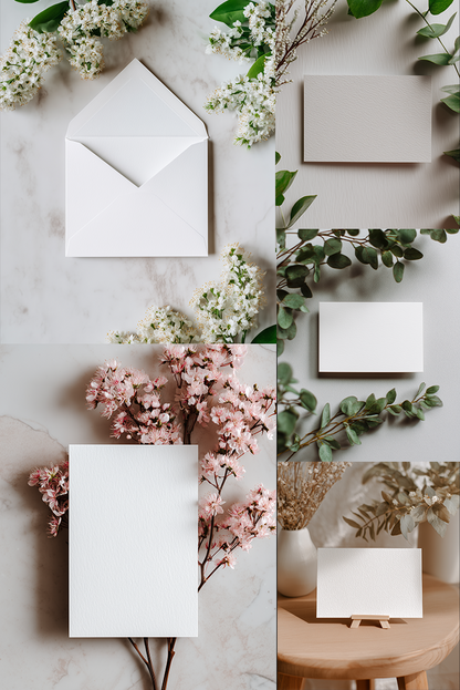 White envelopes and cards with floral decorations on a marble surface