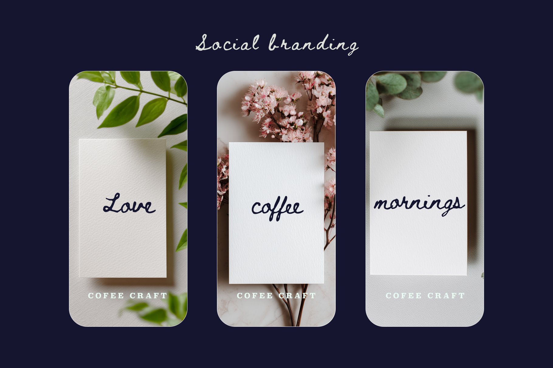 Three coffee craft packaging with text 'Love', 'coffee', and 'mornings' on a dark background.