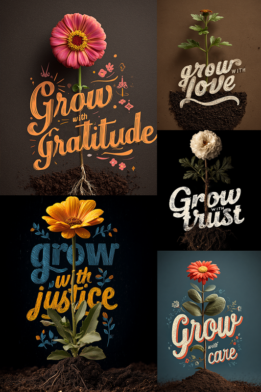 Collage of motivational phrases with plants on a dark background