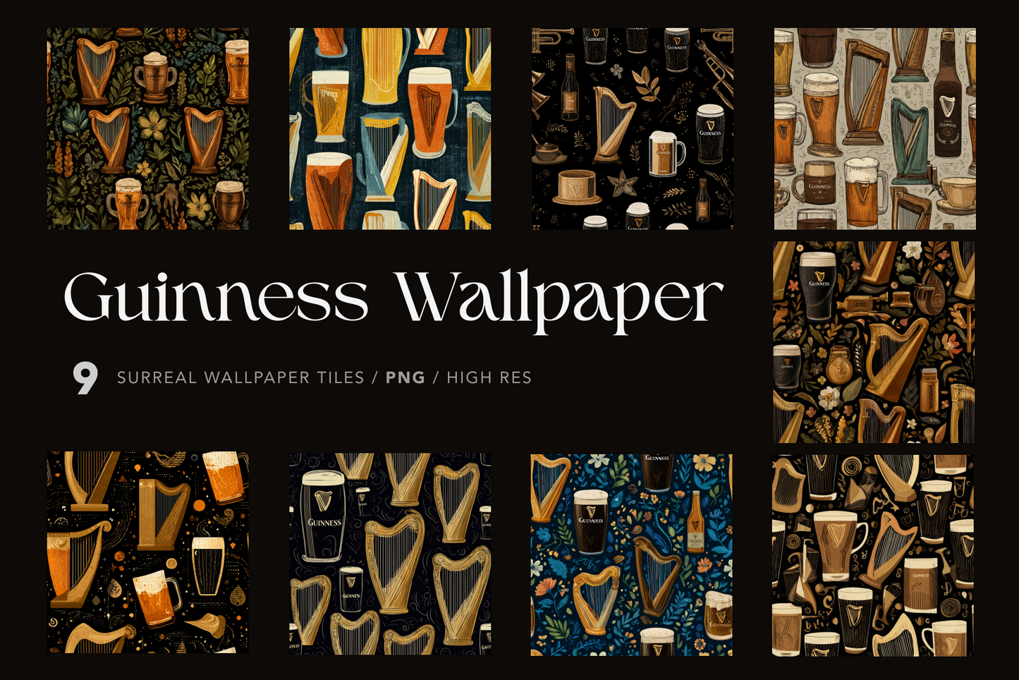 Guinness-themed wallpaper tiles with beer glasses and harps on a black background.