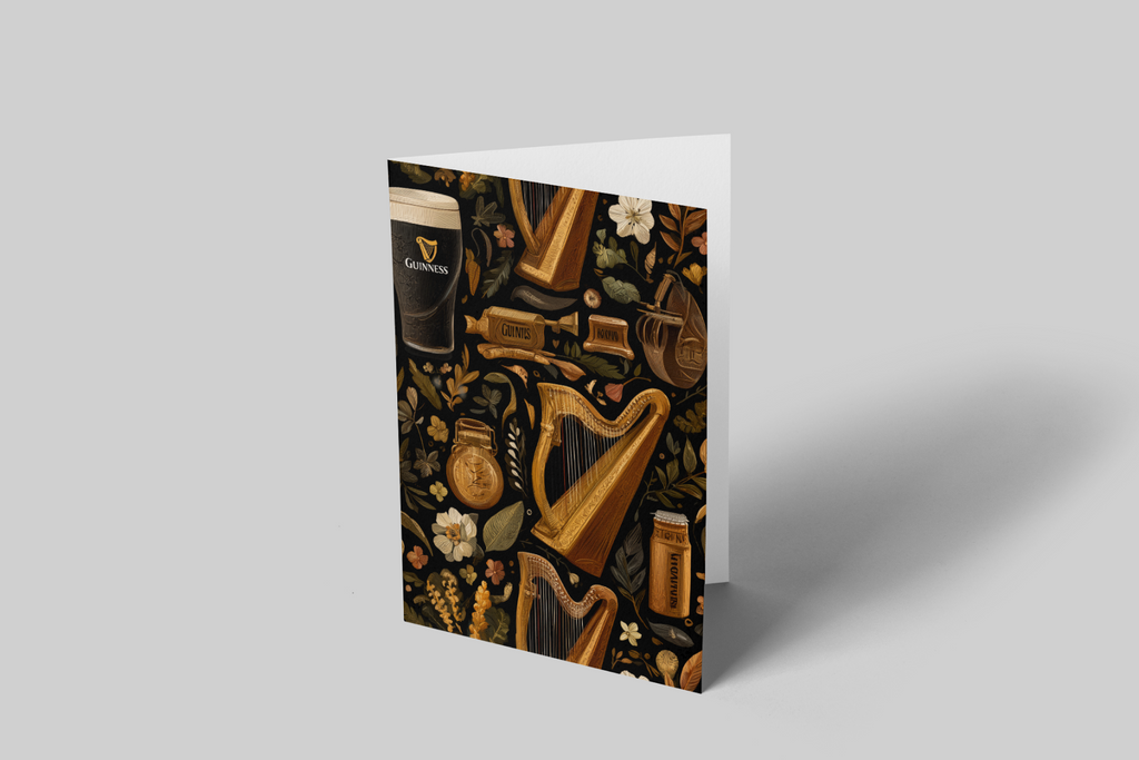 Greeting card with Irish-themed design featuring a harp, beer mug, and other elements on a gray background.