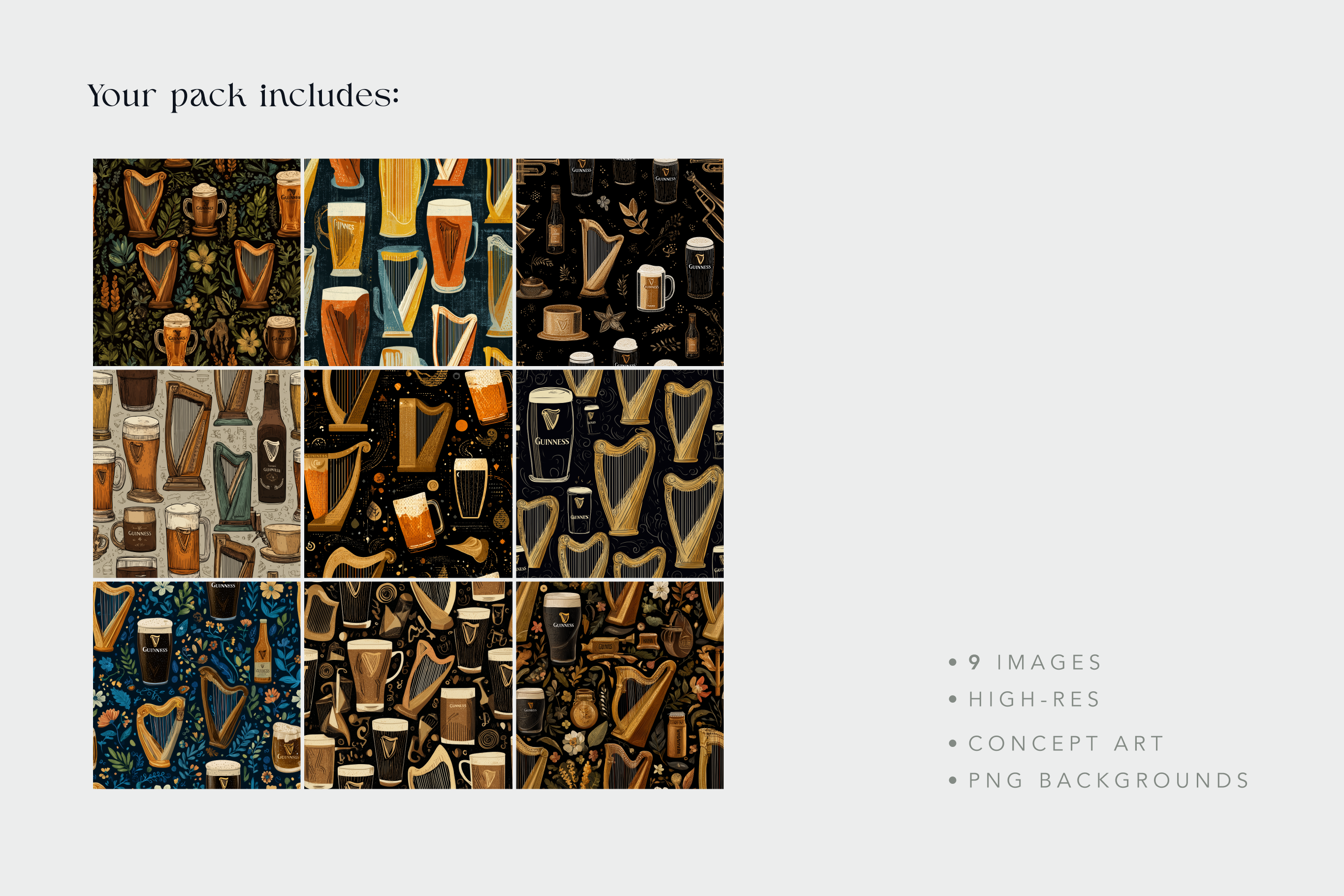 Collage of beer-themed pattern with text indicating included images and features.
