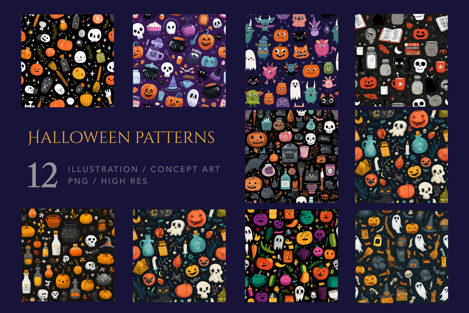 Set of Halloween-themed patterns with various spooky elements on a dark blue background.