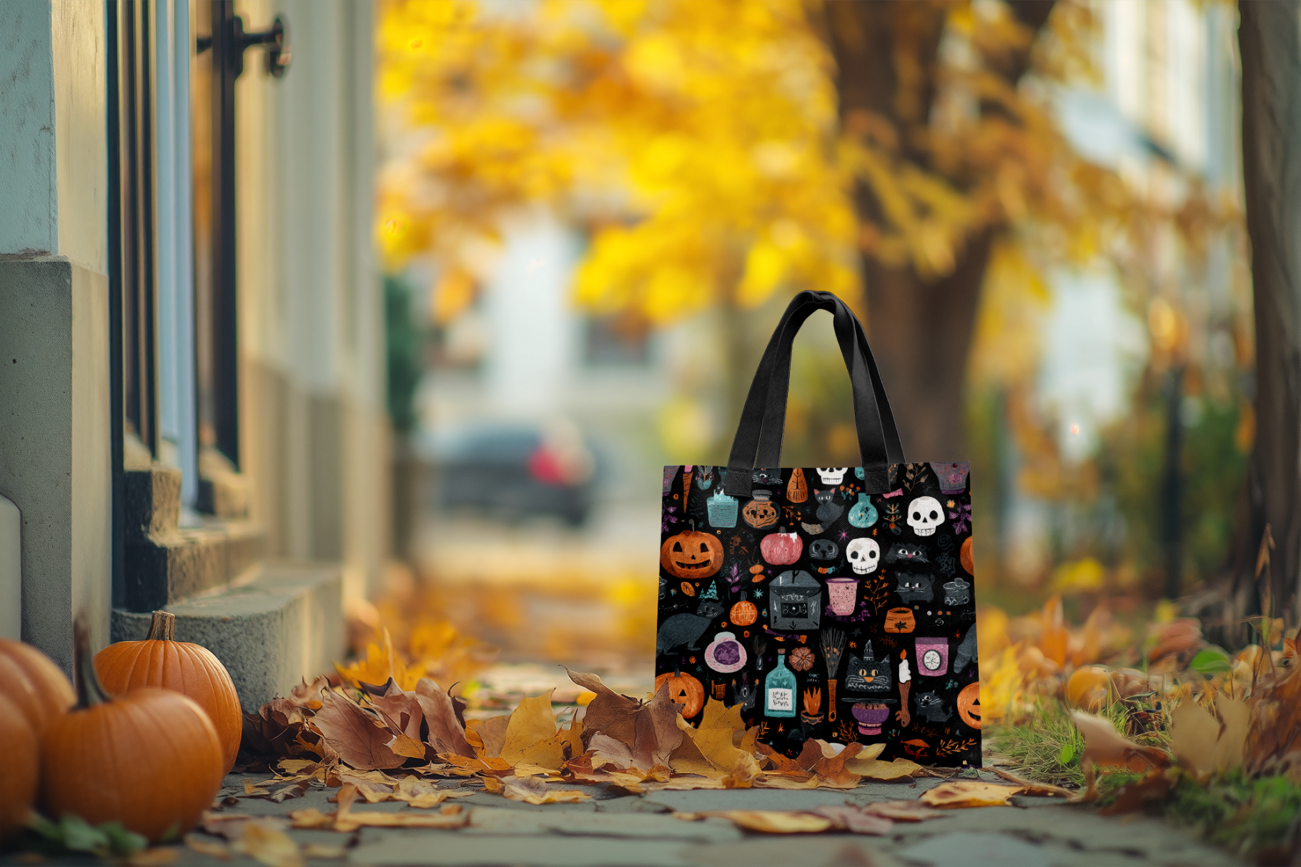 Black tote bag with Halloween designs on a leaf-covered ground with pumpkins and blurred autumn trees in the background.