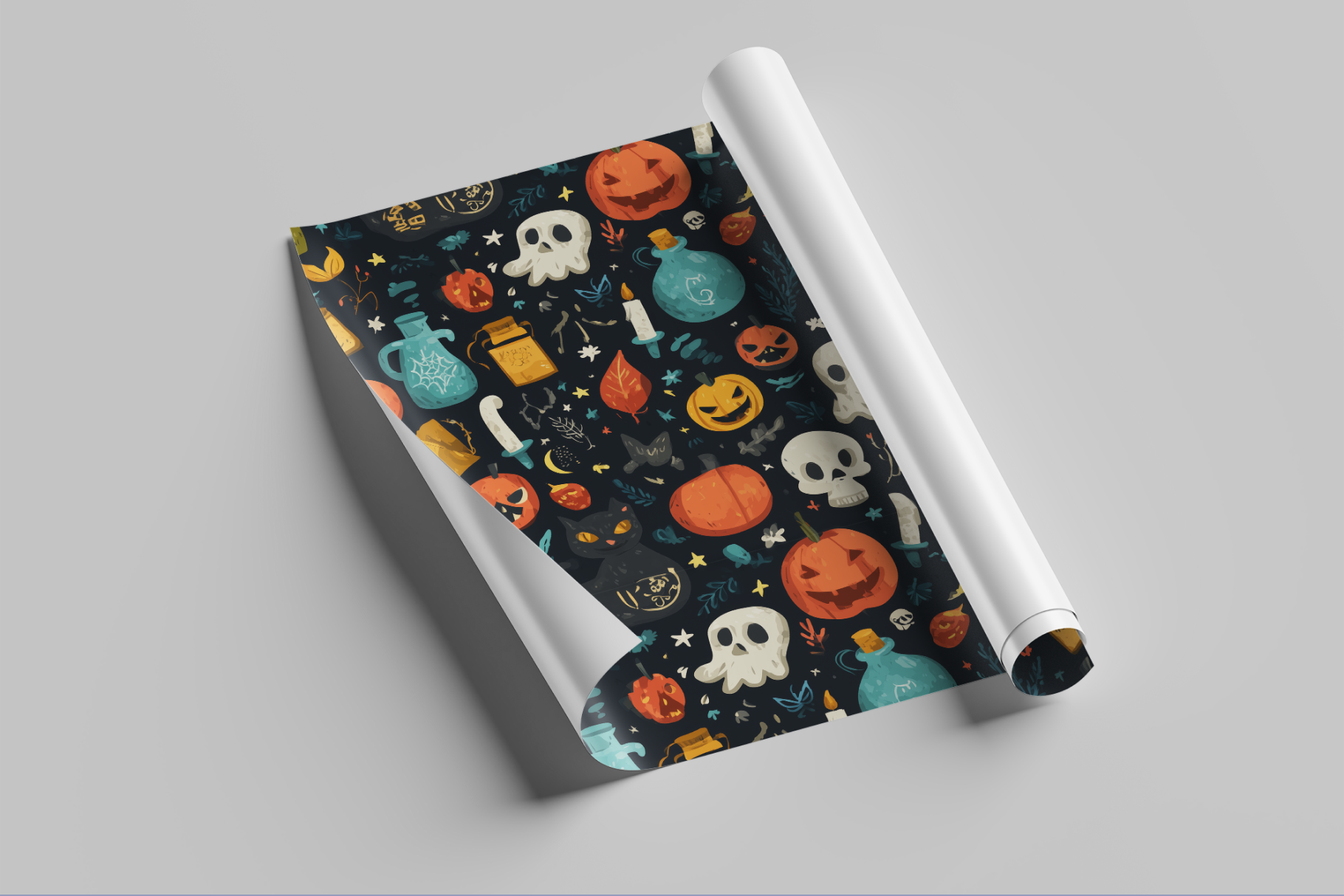 Roll of Halloween-themed wrapping paper with pumpkins, ghosts, and ghosts on a gray background