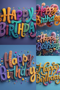 A collage of four colorful 3D 'Happy Birthday' lettering designs on blue gradient backgrounds, featuring playful candy-like textures, pastel colors, and decorative confetti details.