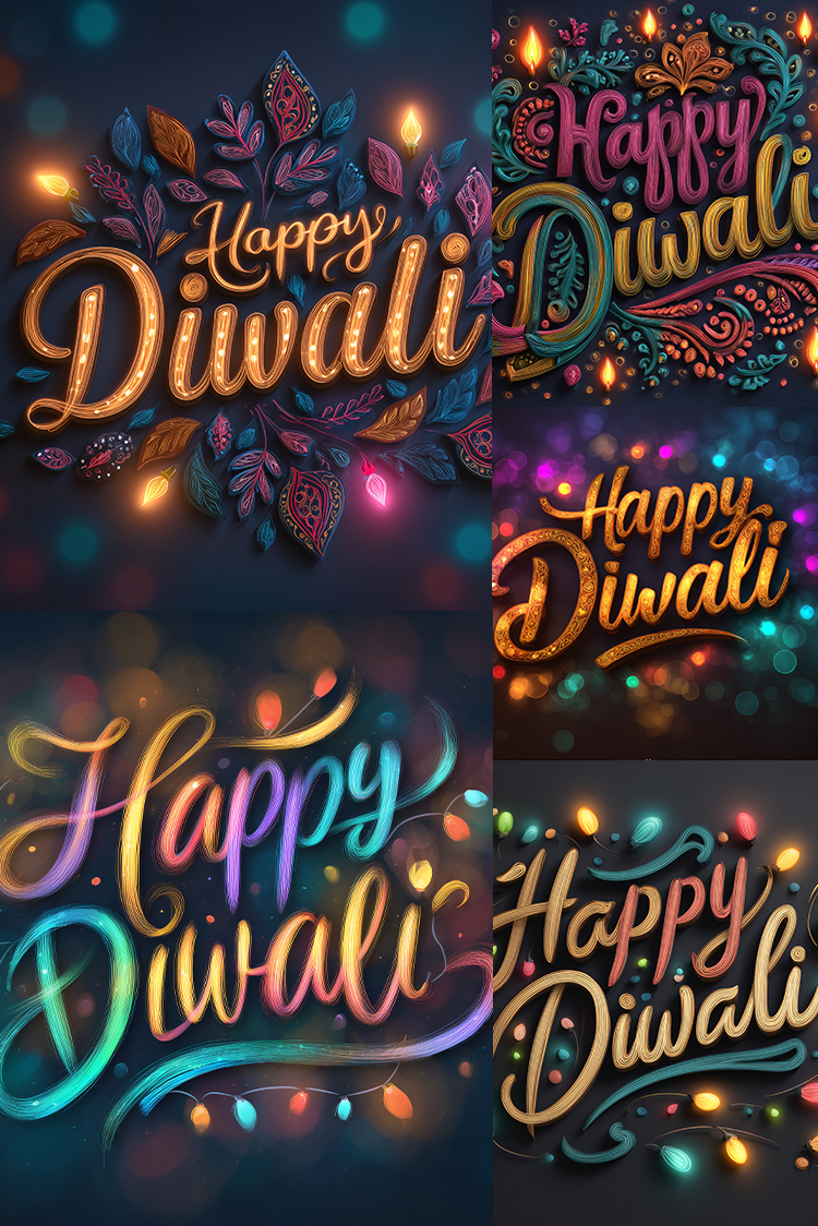 Four decorative 'Happy Diwali' typography designs arranged in a 2x2 grid, each with colorful glowing lights and ornate floral or bokeh background effects on dark blue, purple, and black tones.