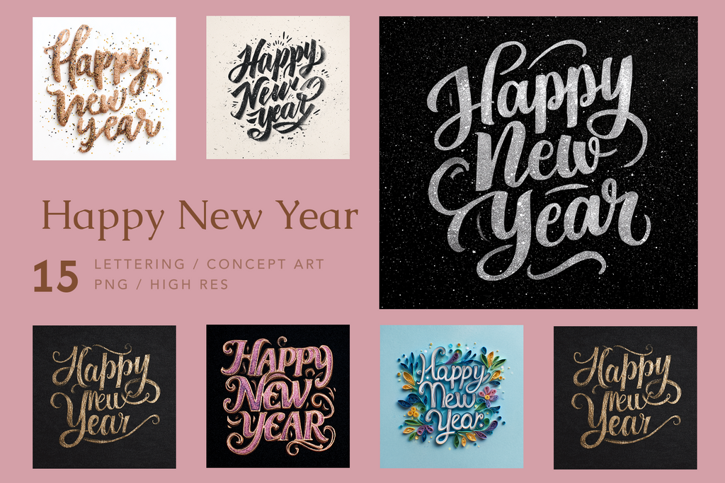 Collection of 'Happy New Year' text designs on a pink background