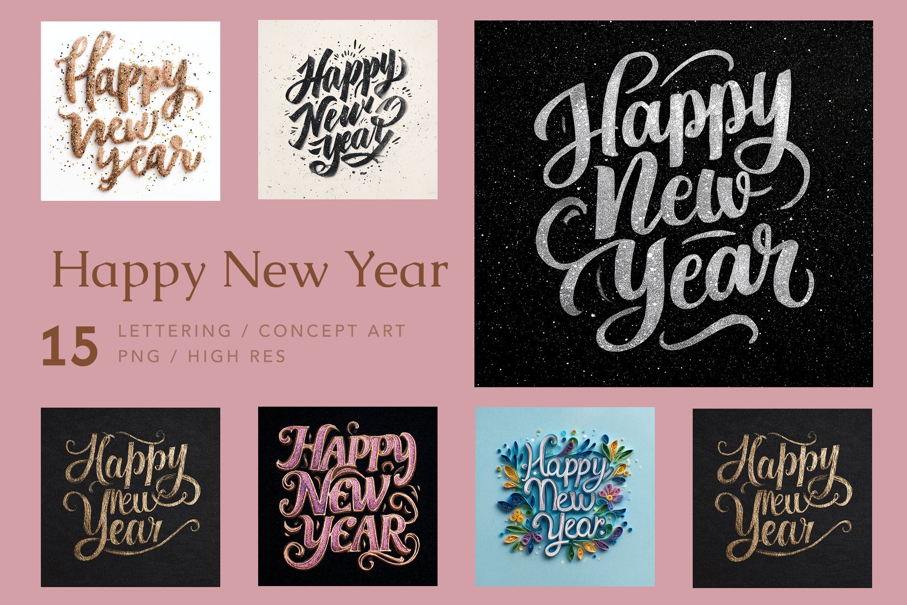 Collection of 'Happy New Year' text designs on a pink background