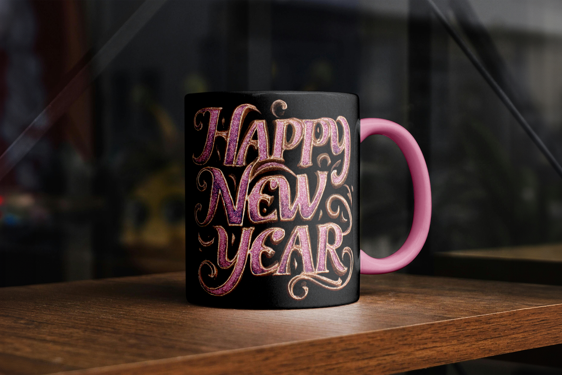 Black mug with 'Happy New Year' text on a wooden surface